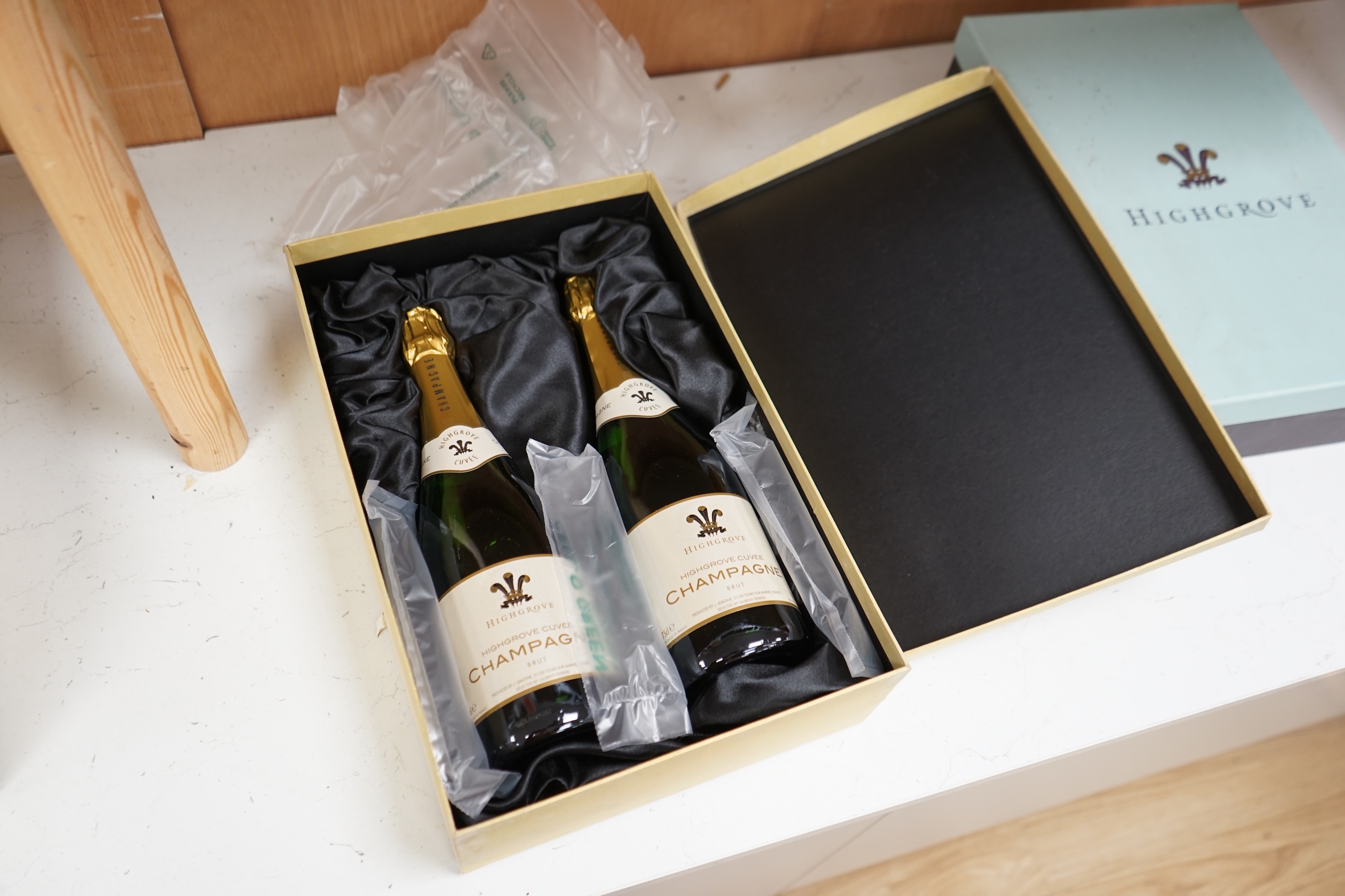 Two bottles of Highgrove champagne, boxed. Condition - good, storage history unknown